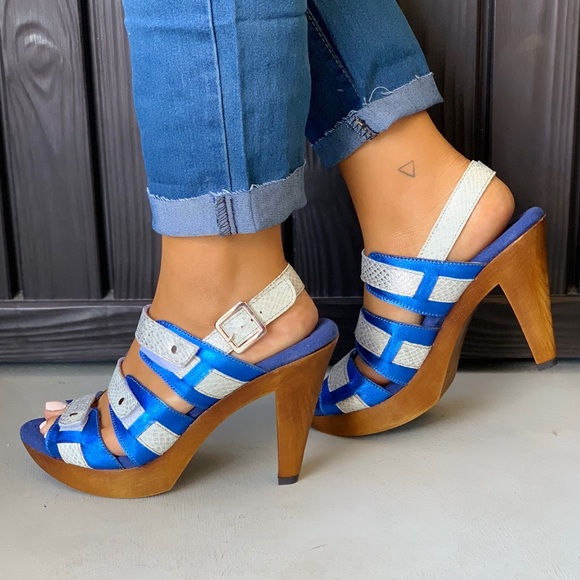 Wooden Snakeskin Embossed Peep Toe Leather Clog - Picture 3 of 6